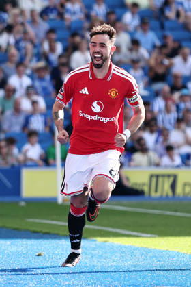 Brighton and Hove, England, 24th May 2026. Bruno Fernandes of Manchester United, ManU celebrates scoring his sides third goal during the Brighton and Hove Albion vs Manchester United Premier League match at the AMEX Stadium, Brighton and Hove. Picture credit should read: David Klein Sportimage EDITORIAL USE ONLY. No use with unauthorised audio, video, data, fixture lists, club league logos or live services. Online in-match use limited to 120 images, no video emulation. No use in betting, games or single club league player publications. SPI_003_DK_Brighton_Man_Utd SPI-4826-0003