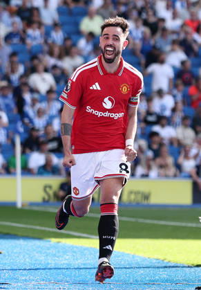 Brighton and Hove, England, 24th May 2026. Bruno Fernandes of Manchester United, ManU celebrates scoring his sides third goal during the Brighton and Hove Albion vs Manchester United Premier League match at the AMEX Stadium, Brighton and Hove. Picture credit should read: David Klein Sportimage EDITORIAL USE ONLY. No use with unauthorised audio, video, data, fixture lists, club league logos or live services. Online in-match use limited to 120 images, no video emulation. No use in betting, games or single club league player publications. SPI_004_DK_Brighton_Man_Utd SPI-4826-0004