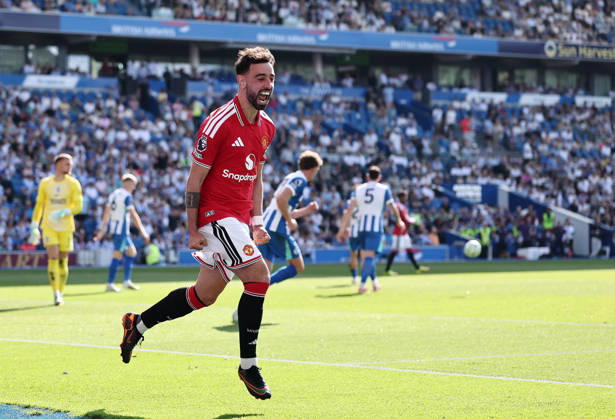 Brighton and Hove, England, 24th May 2026. Bruno Fernandes of Manchester United, ManU celebrates scoring his sides third goal during the Brighton and Hove Albion vs Manchester United Premier League match at the AMEX Stadium, Brighton and Hove. Picture credit should read: David Klein Sportimage EDITORIAL USE ONLY. No use with unauthorised audio, video, data, fixture lists, club league logos or live services. Online in-match use limited to 120 images, no video emulation. No use in betting, games or single club league player publications. SPI_005_DK_Brighton_Man_Utd SPI-4826-0005