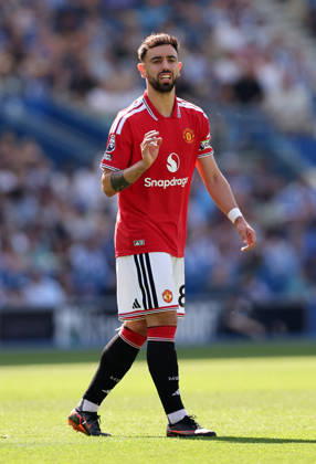 Brighton and Hove, England, 24th May 2026. Bruno Fernandes of Manchester United, ManU during the Brighton and Hove Albion vs Manchester United Premier League match at the AMEX Stadium, Brighton and Hove. Picture credit should read: David Klein Sportimage EDITORIAL USE ONLY. No use with unauthorised audio, video, data, fixture lists, club league logos or live services. Online in-match use limited to 120 images, no video emulation. No use in betting, games or single club league player publications. SPI_022_DK_Brighton_Man_Utd SPI-4826-0022