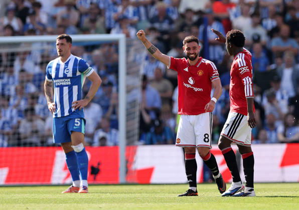 Brighton and Hove, England, 24th May 2026. Bruno Fernandes of Manchester United, ManU celebrates after breaking the Premier League assist record during the Brighton and Hove Albion vs Manchester United Premier League match at the AMEX Stadium, Brighton and Hove. Picture credit should read: David Klein Sportimage EDITORIAL USE ONLY. No use with unauthorised audio, video, data, fixture lists, club league logos or live services. Online in-match use limited to 120 images, no video emulation. No use in betting, games or single club league player publications. SPI_043_DK_Brighton_Man_Utd SPI-4826-0043