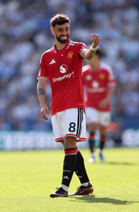 Brighton and Hove, England, 24th May 2026. Bruno Fernandes of Manchester United, ManU during the Brighton and Hove Albion vs Manchester United Premier League match at the AMEX Stadium, Brighton and Hove. Picture credit should read: David Klein Sportimage EDITORIAL USE ONLY. No use with unauthorised audio, video, data, fixture lists, club league logos or live services. Online in-match use limited to 120 images, no video emulation. No use in betting, games or single club league player publications. SPI_088_DK_Brighton_Man_Utd SPI-4826-0088