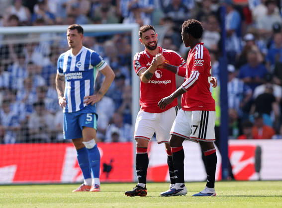 Brighton and Hove, England, 24th May 2026. Bruno Fernandes of Manchester United, ManU celebrates after breaking the Premier League assist record during the Brighton and Hove Albion vs Manchester United Premier League match at the AMEX Stadium, Brighton and Hove. Picture credit should read: David Klein Sportimage EDITORIAL USE ONLY. No use with unauthorised audio, video, data, fixture lists, club league logos or live services. Online in-match use limited to 120 images, no video emulation. No use in betting, games or single club league player publications. SPI_044_DK_Brighton_Man_Utd SPI-4826-0044