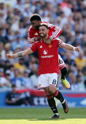 Brighton and Hove, England, 24th May 2026. Bruno Fernandes of Manchester United, ManU celebrates scoring his sides third goal during the Brighton and Hove Albion vs Manchester United Premier League match at the AMEX Stadium, Brighton and Hove. Picture credit should read: David Klein Sportimage EDITORIAL USE ONLY. No use with unauthorised audio, video, data, fixture lists, club league logos or live services. Online in-match use limited to 120 images, no video emulation. No use in betting, games or single club league player publications. SPI_053_DK_Brighton_Man_Utd SPI-4826-0053