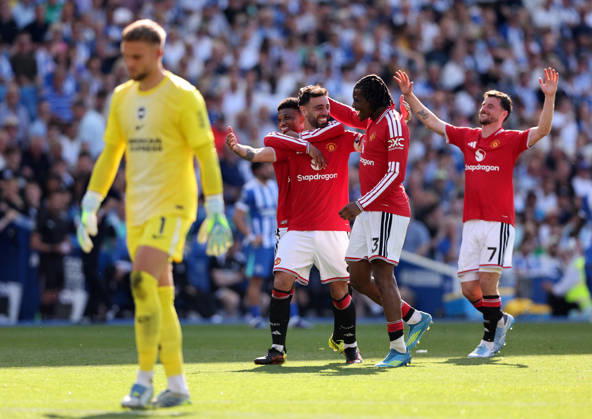 Brighton and Hove, England, 24th May 2026. Bruno Fernandes of Manchester United, ManU celebrates scoring his sides third goal during the Brighton and Hove Albion vs Manchester United Premier League match at the AMEX Stadium, Brighton and Hove. Picture credit should read: David Klein Sportimage EDITORIAL USE ONLY. No use with unauthorised audio, video, data, fixture lists, club league logos or live services. Online in-match use limited to 120 images, no video emulation. No use in betting, games or single club league player publications. SPI_054_DK_Brighton_Man_Utd SPI-4826-0054