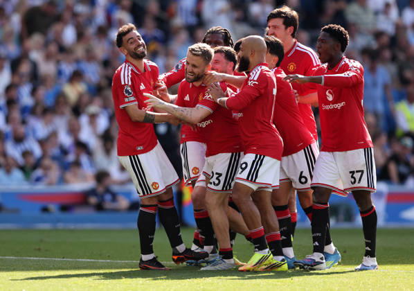 Brighton and Hove, England, 24th May 2026. Bruno Fernandes of Manchester United, ManU celebrates scoring his sides third goal during the Brighton and Hove Albion vs Manchester United Premier League match at the AMEX Stadium, Brighton and Hove. Picture credit should read: David Klein Sportimage EDITORIAL USE ONLY. No use with unauthorised audio, video, data, fixture lists, club league logos or live services. Online in-match use limited to 120 images, no video emulation. No use in betting, games or single club league player publications. SPI_055_DK_Brighton_Man_Utd SPI-4826-0055
