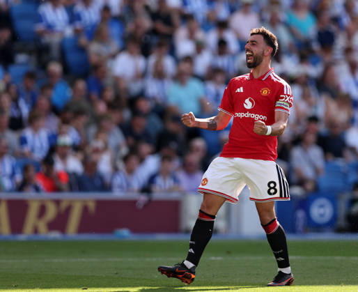 Brighton and Hove, England, 24th May 2026. Bruno Fernandes of Manchester United, ManU celebrates scoring his sides third goal during the Brighton and Hove Albion vs Manchester United Premier League match at the AMEX Stadium, Brighton and Hove. Picture credit should read: David Klein Sportimage EDITORIAL USE ONLY. No use with unauthorised audio, video, data, fixture lists, club league logos or live services. Online in-match use limited to 120 images, no video emulation. No use in betting, games or single club league player publications. SPI_057_DK_Brighton_Man_Utd SPI-4826-0057
