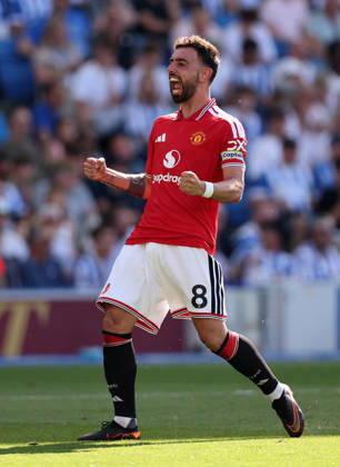 Brighton and Hove, England, 24th May 2026. Bruno Fernandes of Manchester United, ManU celebrates scoring his sides third goal during the Brighton and Hove Albion vs Manchester United Premier League match at the AMEX Stadium, Brighton and Hove. Picture credit should read: David Klein Sportimage EDITORIAL USE ONLY. No use with unauthorised audio, video, data, fixture lists, club league logos or live services. Online in-match use limited to 120 images, no video emulation. No use in betting, games or single club league player publications. SPI_058_DK_Brighton_Man_Utd SPI-4826-0058