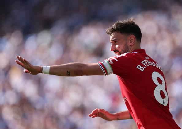 Brighton and Hove, England, 24th May 2026. Bruno Fernandes of Manchester United, ManU during the Brighton and Hove Albion vs Manchester United Premier League match at the AMEX Stadium, Brighton and Hove. Picture credit should read: David Klein Sportimage EDITORIAL USE ONLY. No use with unauthorised audio, video, data, fixture lists, club league logos or live services. Online in-match use limited to 120 images, no video emulation. No use in betting, games or single club league player publications. SPI_083_DK_Brighton_Man_Utd SPI-4826-0083