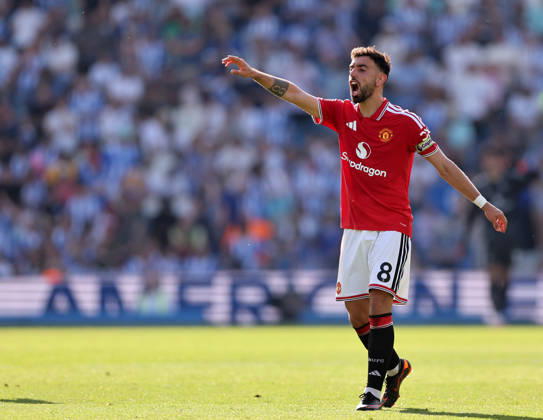 Brighton and Hove, England, 24th May 2026. Bruno Fernandes of Manchester United, ManU during the Brighton and Hove Albion vs Manchester United Premier League match at the AMEX Stadium, Brighton and Hove. Picture credit should read: David Klein Sportimage EDITORIAL USE ONLY. No use with unauthorised audio, video, data, fixture lists, club league logos or live services. Online in-match use limited to 120 images, no video emulation. No use in betting, games or single club league player publications. SPI_090_DK_Brighton_Man_Utd SPI-4826-0090