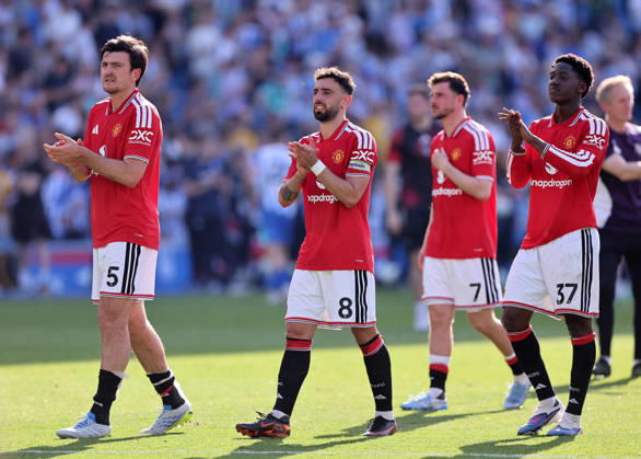 Brighton and Hove, England, 24th May 2026. Bruno Fernandes of Manchester United, ManU applauds the fans during the Brighton and Hove Albion vs Manchester United Premier League match at the AMEX Stadium, Brighton and Hove. Picture credit should read: David Klein Sportimage EDITORIAL USE ONLY. No use with unauthorised audio, video, data, fixture lists, club league logos or live services. Online in-match use limited to 120 images, no video emulation. No use in betting, games or single club league player publications. SPI_092_DK_Brighton_Man_Utd SPI-4826-0092