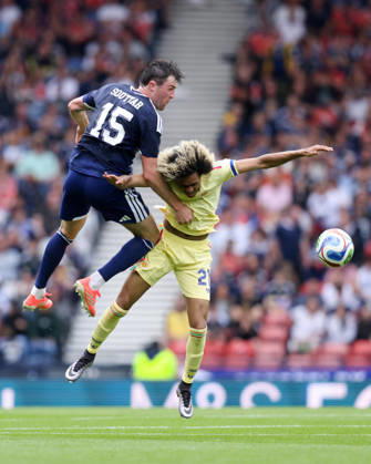 RECORD DATE NOT STATED 30th May 2026; Hampden Park, Glasgow, Scotland; Friendly International Football, Scotland versus Curacao; John Souttar of Scotland challenges for the ball with Tahith Chong of Curacao DavidxYoung