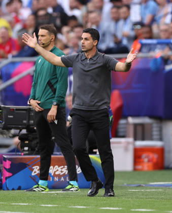 Budapest, Hungary, 30th May 2026. Mikel Arteta manager of Arsenal look son during the Paris Saint Germain vs Arsenal UEFA Champions League Final match at Puskas Arena, Budapest. Picture credit should read: David Klein Sportimage EDITORIAL USE ONLY. No use with unauthorised audio, video, data, fixture lists, club league logos or live services. Online in-match use limited to 120 images, no video emulation. No use in betting, games or single club league player publications. SPI_074_DK_PSG_Arsenal SPI-4828-0073