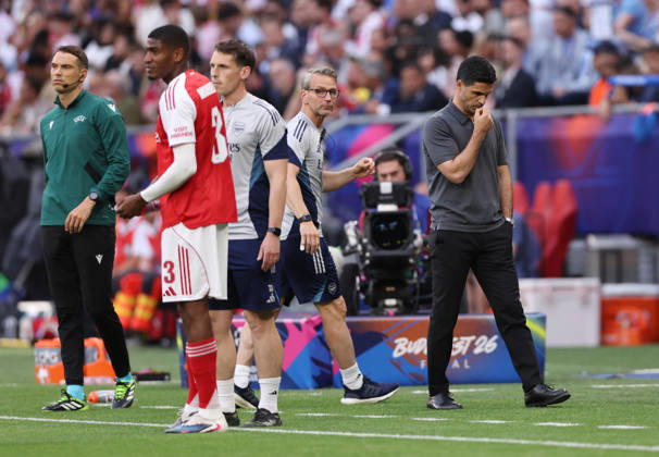 Budapest, Hungary, 30th May 2026. Mikel Arteta manager of Arsenal look son during the Paris Saint Germain vs Arsenal UEFA Champions League Final match at Puskas Arena, Budapest. Picture credit should read: David Klein Sportimage EDITORIAL USE ONLY. No use with unauthorised audio, video, data, fixture lists, club league logos or live services. Online in-match use limited to 120 images, no video emulation. No use in betting, games or single club league player publications. SPI_075_DK_PSG_Arsenal SPI-4828-0074
