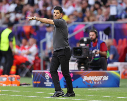 Budapest, Hungary, 30th May 2026. Mikel Arteta manager of Arsenal on the touchline during the Paris Saint Germain vs Arsenal UEFA Champions League Final match at Puskas Arena, Budapest. Picture credit should read: David Klein Sportimage EDITORIAL USE ONLY. No use with unauthorised audio, video, data, fixture lists, club league logos or live services. Online in-match use limited to 120 images, no video emulation. No use in betting, games or single club league player publications. SPI_099_DK_PSG_Arsenal SPI-4828-0098
