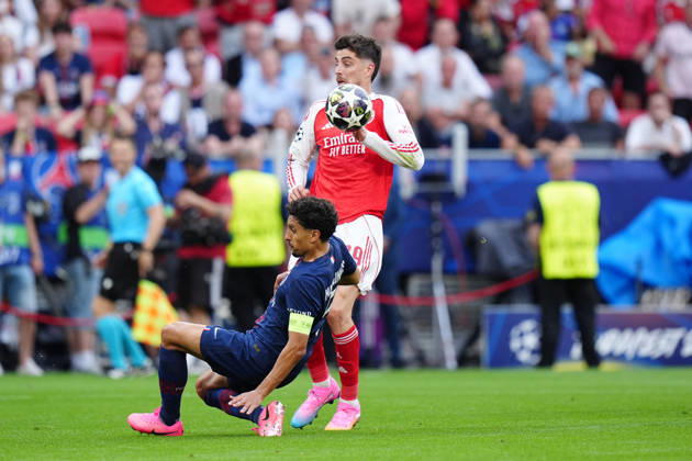 Paris Saint-Germain v Arsenal FC - UEFA Champions League Final 2026 Kai Havertz of Arsenal FC competes for the ball with Marquinhos of Paris Saint-Germain FC during the UEFA Champions League Final match between Paris Saint-Germain FC and Arsenal FC at Puskas Arena on May 30, 2026 in Budapest, Hungary Budapest Puskas Arena Hungary Hungary Copyright: xGiuseppexMaffiax 260528UCLFinal_PSG-Arsenal_GM_00208
