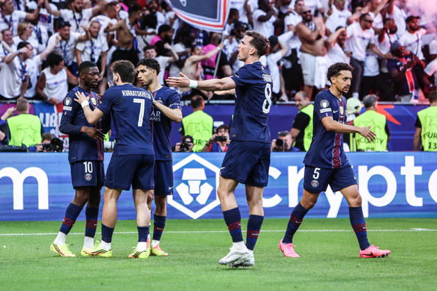 Sport, Football, UEFA Champions League Season 2025 2026 Final Paris Saint Germain FC Arsenal 30 05 2026, Puskas Arena Budapest Goal celebration Paris Saint Germain after Ousmane Dembele scored the 1-1 equalizer on a penalty kick Paris Budapest Puskas Arena Hungary