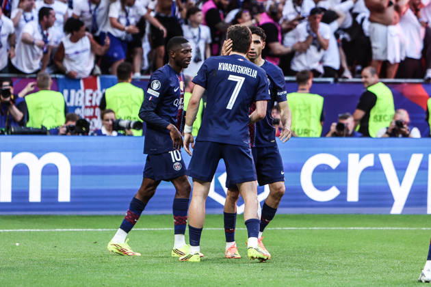 Sport, Football, UEFA Champions League Season 2025 2026 Final Paris Saint Germain FC Arsenal 30 05 2026, Puskas Arena Budapest Goal celebration Paris Saint Germain after Ousmane Dembele scored the 1-1 equalizer on a penalty kick Paris Budapest Puskas Arena Hungary