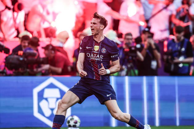 Sport, Football, UEFA Champions League season 2025 2026 Final Paris Saint Germain FC Arsenal 30 05 2026, Puskas Arena Budapest Goal celebration Paris Saint Germain after Ousmane Dembele Paris scored a penalty to equalize the score at 1 1, Fabian Ruiz Paris celebrates Budapest Puskas Arena Hungary
