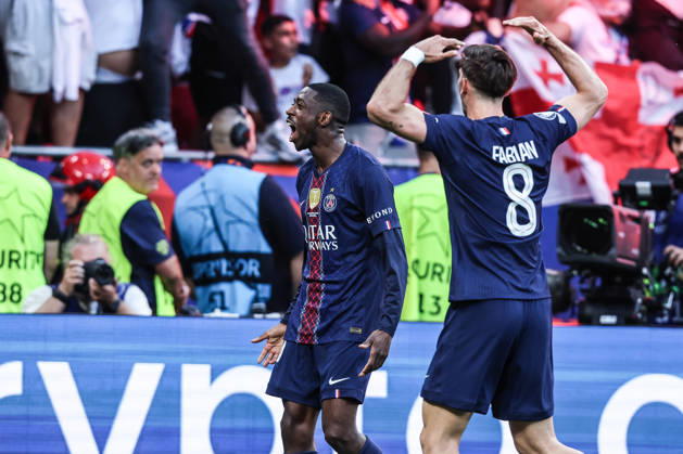 Sport, Football, UEFA Champions League season 2025 2026 Final Paris Saint Germain FC Arsenal 30 05 2026, Puskas Arena Budapest Goal celebration Paris Saint Germain after Ousmane Dembele Paris scored a penalty to equalize the score at 1 1, the players rejoice Budapest Puskas Arena Hungary