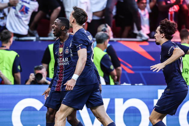 Sport, Football, UEFA Champions League season 2025 2026 Final Paris Saint Germain FC Arsenal 30 05 2026, Puskas Arena Budapest Goal celebration Paris Saint Germain after Ousmane Dembele Paris scored a penalty to equalize the score at 1 1, the players rejoice Budapest Puskas Arena Hungary