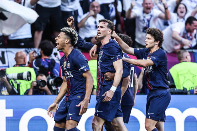 Sport, Football, UEFA Champions League season 2025 2026 Final Paris Saint Germain FC Arsenal 30 05 2026, Puskas Arena Budapest Goal celebration Paris Saint Germain after Ousmane Dembele Paris scored a penalty to equalize the score at 1 1, the players rejoice Budapest Puskas Arena Hungary