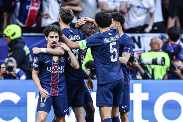 Sport, Football, UEFA Champions League season 2025 2026 Final Paris Saint Germain FC Arsenal 30 05 2026, Puskas Arena Budapest Goal celebration Paris Saint Germain after Ousmane Dembele Paris scored a penalty to equalize the score at 1 1, the players rejoice Budapest Puskas Arena Hungary