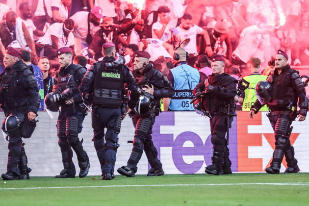 Sport, Football, UEFA Champions League season 2025 2026 Final Paris Saint Germain FC Arsenal 30 05 2026, Puskas Arena Budapest Police officers in action, pyro at fans of Paris Saint Germain Budapest Puskas Arena Hungary