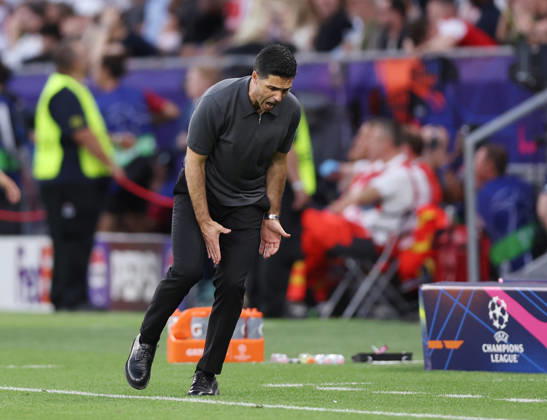 Budapest, Hungary, 30th May 2026. Mikel Arteta manager of Arsenal reacts during the Paris Saint Germain vs Arsenal UEFA Champions League Final match at Puskas Arena, Budapest. Picture credit should read: David Klein Sportimage EDITORIAL USE ONLY. No use with unauthorised audio, video, data, fixture lists, club league logos or live services. Online in-match use limited to 120 images, no video emulation. No use in betting, games or single club league player publications. SPI_121_DK_PSG_Arsenal SPI-4828-0120