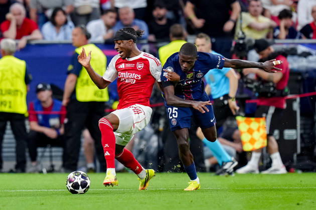 Paris Saint-Germain v Arsenal FC - UEFA Champions League Final 2026 Noni Madueke of Arsenal FC competes for the ball with Nuno Mendes of Paris Saint-Germain FC during the UEFA Champions League Final match between Paris Saint-Germain FC and Arsenal FC at Puskas Arena on May 30, 2026 in Budapest, Hungary Budapest Puskas Arena Hungary Hungary Copyright: xGiuseppexMaffiax 260528UCLFinal_PSG-Arsenal_GM_01452