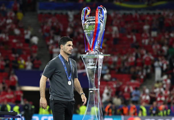 Budapest, Hungary, 30th May 2026. Mikel Arteta manager of Arsenal walks past the trophy during the Paris Saint Germain vs Arsenal UEFA Champions League Final match at Puskas Arena, Budapest. Picture credit should read: David Klein Sportimage EDITORIAL USE ONLY. No use with unauthorised audio, video, data, fixture lists, club league logos or live services. Online in-match use limited to 120 images, no video emulation. No use in betting, games or single club league player publications. SPI_217_DK_PSG_Arsenal SPI-4828-0212