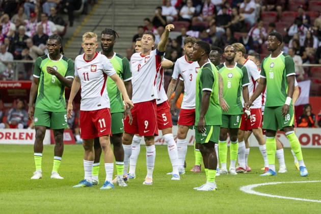 Poland - Nigeria 03.06.2026 football, Warsaw, PGE National Stadium, FIFA , friendly international game match Poland - Nigeria ( mecz towarzyski, pilka nozna, Polska - Nigeria ) image shows: Igoh Ogbu (L) Karol Swiderski (2L) Robert Lewandowski (9) photo Katarzyna Plewczynska Fotostyk Copyright: xKatarzynaxPlewczynskax 20260603FCTKPKAPL7224