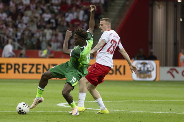 Poland - Nigeria 03.06.2026 football, Warsaw, PGE National Stadium, FIFA , friendly international game match Poland - Nigeria ( mecz towarzyski, pilka nozna, Polska - Nigeria ) image shows: Fisayo Dele-Bashiru (L) Kacper Kozlowski (R) photo Katarzyna Plewczynska Fotostyk Copyright: xKatarzynaxPlewczynskax 20260603FCTKPKAPL7736