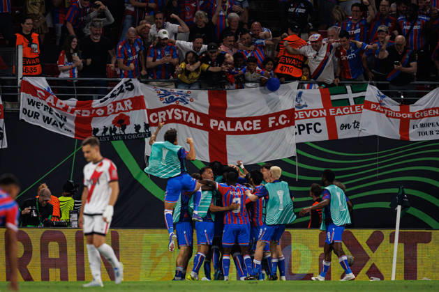 Players of Crystal Palace seen celebrating after scoring goal during UEFA Conference League 2026 final game between teams of Crystal Palace FC and Rayo Vallecano de Madrid (Maciej Rogowski Ball Raw Images) Leipzig Red Bull Arena Germany Copyright: xMaciejxRogowskix maciejrogowski_conferenceleaguefinal_2526_crystalpalace_rayovallecano-132