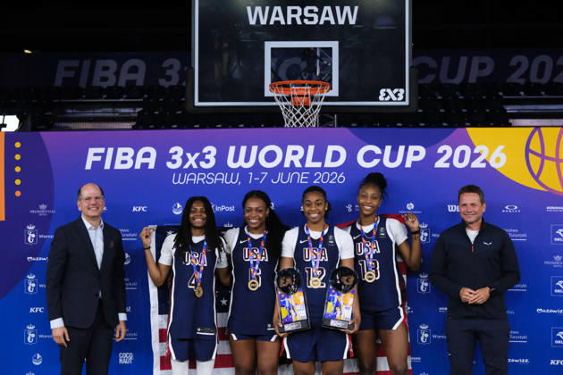 June 7, 2026, Warsaw, Masovian Voivodeship, Poland: USA s MILAYSIA FULWILEY (4), MIKAYLAH WILLIAMS (12), SAHARA WILLIAMS (6), and JOYCE EDWARDS (13) pose with their women s 1st place medals during the prize ceremony at the conclusion of the 2026 FIBA 3x3 Basketball World Cup in Warsaw, Poland. To the left of the players stands FIBA Secretary General ANDREAS ZAGKLIS and to the right of the players stands Mayor of Warsaw RAFAL TRZASKOWSKI. Warsaw Poland - ZUMAk204 20260607_zip_k204_081 Copyright: xRomanxKozielx