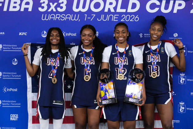 June 7, 2026, Warsaw, Masovian Voivodeship, Poland: USA s MILAYSIA FULWILEY (4), MIKAYLAH WILLIAMS (12), SAHARA WILLIAMS (6), and JOYCE EDWARDS (13) pose with their women s 1st place medals during the prize ceremony at the conclusion of the 2026 FIBA 3x3 Basketball World Cup in Warsaw, Poland. Warsaw Poland - ZUMAk204 20260607_zip_k204_083 Copyright: xRomanxKozielx