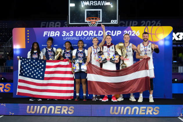 June 7, 2026, Warsaw, Masovian Voivodeship, Poland: USA s MILAYSIA FULWILEY (4), MIKAYLAH WILLIAMS (12), SAHARA WILLIAMS (6), and JOYCE EDWARDS (13) pose with their women s 1st place medals and the world champions trophy; Latvia s FRANCIS LACIS (6), NAURIS MIEZIS (1), KARLIS LASMANIS (2), and ZIGMARS RAIMO (9) pose with their men s 1st place medals and men s world champions trophy during the prize ceremony at the conclusion of the 2026 FIBA 3x3 Basketball World Cup in Warsaw, Poland. Warsaw Poland - ZUMAk204 20260607_zip_k204_102 Copyright: xRomanxKozielx