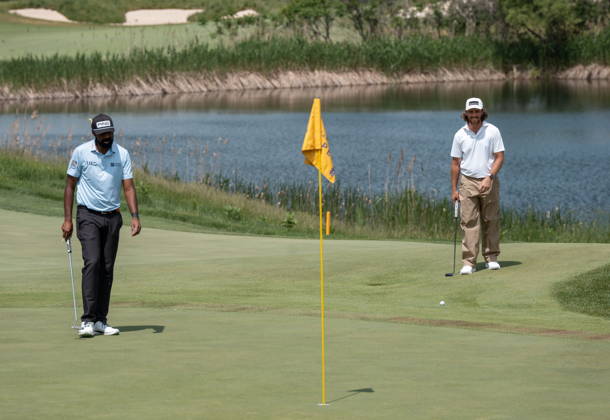 June 11, 2026, Caledon, On, CANADA: American Sahith Theegala, left, and Tommy Fleetwood, of England, line up their putts on the 7th green during the first round of the RBC Canadian Open in Caledon, Ont. on Thursday June 11, 2026. Canada News - June 11, 2026  - ZUMAc35_ 20260611_zaf_c35_036 Copyright: xFrankxGunnx