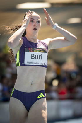 MANNHEIM, GERMANY - JUNE 13, 2026 : Xenia Buri (SUI Switzerland) runs a 11,14 in the 100m and reacts during the Juniorengala 2026 at Michael-Hoffmann-Stadion on June 13, 2026 in Mannheim, Germany. Baden-Wuerttemberg Germany Copyright: xAxelxKohringx