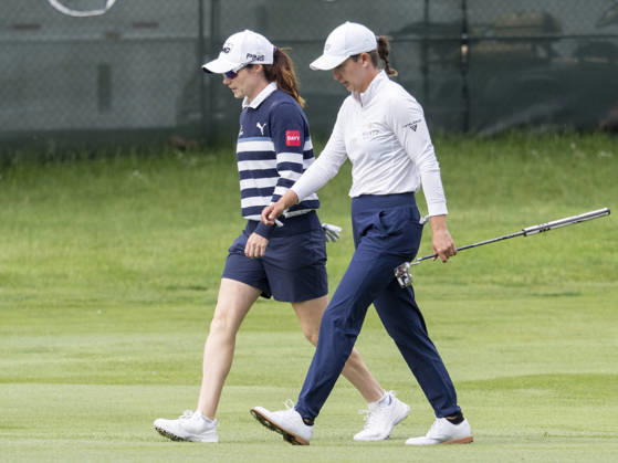 MIDLAND, MI - JUNE 13: Teammates Leona Maguire and Lindy Duncan walk together during round three of the LPGA, Golf Damen Dow Championship on June 13, 2026, at Midland Country Club in Midland, Michigan. (Photo by Joseph Weiser Icon Sportswire) GOLF: JUN 13 LPGA Dow Championship EDITORIAL USE ONLY Icon2606130133