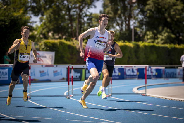 MANNHEIM, GERMANY - JUNE 13, 2026 : Jonas Mæland Rosholt (NOR Norway) competing in the men’s U20 400m hurdles during the Juniorengala 2026 at Michael-Hoffmann-Stadion on June 13, 2026 in Mannheim, Germany. Baden-Wuerttemberg Germany Copyright: xAxelxKohringx