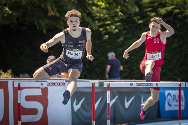 MANNHEIM, GERMANY - JUNE 13, 2026 : Jules Nauer (SUI Switzerland) competing in the men’s U20 400m hurdles during the Juniorengala 2026 at Michael-Hoffmann-Stadion on June 13, 2026 in Mannheim, Germany. Baden-Wuerttemberg Germany Copyright: xAxelxKohringx