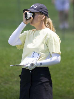 MIDLAND, MI - JUNE 13: Celine Borge uses a range finder during round three of the LPGA, Golf Damen Dow Championship on June 13, 2026, at Midland Country Club in Midland, Michigan. (Photo by Joseph Weiser Icon Sportswire) GOLF: JUN 13 LPGA Dow Championship EDITORIAL USE ONLY Icon2606130343