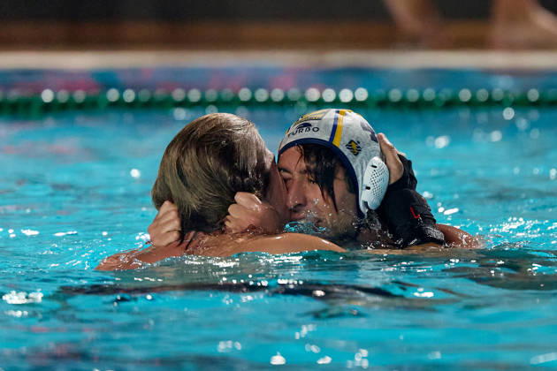 Marc Alls Ferrer (right) of Zodiac CNAB celebrates with a teammate after winning the European Aquatics Men™s Water polo, Wasserball Champions League gold‘medal match against Pro Recco at the National Pool, Tal‘Qroqq, Malta, on 13 June 2026. Zodiac CNAB v Pro Recco - Men™s Water Polo Men Champions League 2026 Final; EA_CL_2026_MLT