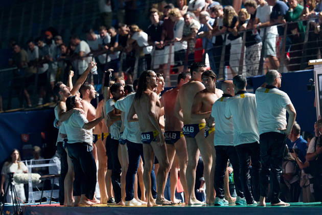 Zodiac CNAB players celebrate after winning the European Aquatics Men™s Water polo, Wasserball Champions League gold‘medal match against Pro Recco at the National Pool, Tal‘Qroqq, Malta, on 13 June 2026. Zodiac CNAB v Pro Recco - Men™s Water Polo Men Champions League 2026 Final; EA_CL_2026_MLT