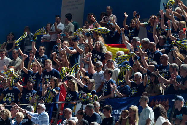 Zodiac CNAB fans celebrate their team winning the European Aquatics Men™s Water polo, Wasserball Champions League gold‘medal match against Pro Recco at the National Pool, Tal‘Qroqq, Malta, on 13 June 2026. Zodiac CNAB v Pro Recco - Men™s Water Polo Men Champions League 2026 Final; EA_CL_2026_MLT