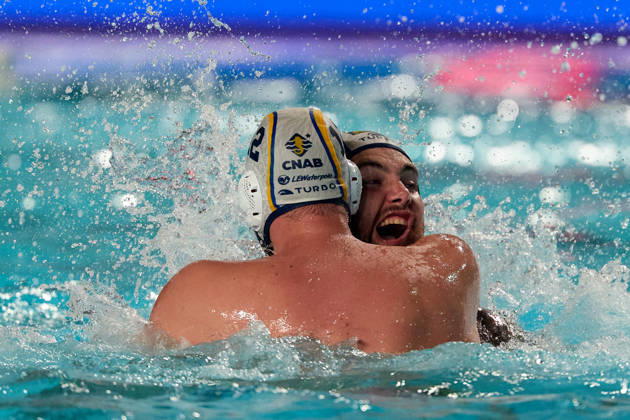 Alejandro Bustos Sanchez (left) of Zodiac CNAB reacts in celebration with a team-mate after winning the European Aquatics Men™s Water polo, Wasserball Champions League gold‘medal match against Pro Recco at the National Pool, Tal‘Qroqq, Malta, on 13 June 2026. Zodiac CNAB v Pro Recco - Men™s Water Polo Men Champions League 2026 Final; EA_CL_2026_MLT
