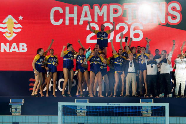 Zodiac CNAB players and staf react in celebration after winning the European Aquatics Men™s Water polo, Wasserball Champions League gold‘medal match against Pro Recco at the National Pool, Tal‘Qroqq, Malta, on 13 June 2026. Zodiac CNAB v Pro Recco - Men™s Water Polo Men Champions League 2026 Final; EA_CL_2026_MLT