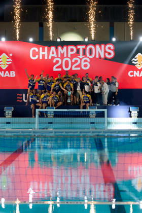 Zodiac CNAB players and staf react in celebration after winning the European Aquatics Men™s Water polo, Wasserball Champions League gold‘medal match against Pro Recco at the National Pool, Tal‘Qroqq, Malta, on 13 June 2026. Zodiac CNAB v Pro Recco - Men™s Water Polo Men Champions League 2026 Final; EA_CL_2026_MLT