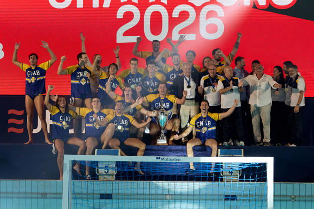 Zodiac CNAB players and staf react in celebration after winning the European Aquatics Men™s Water polo, Wasserball Champions League gold‘medal match against Pro Recco at the National Pool, Tal‘Qroqq, Malta, on 13 June 2026. Zodiac CNAB v Pro Recco - Men™s Water Polo Men Champions League 2026 Final; EA_CL_2026_MLT